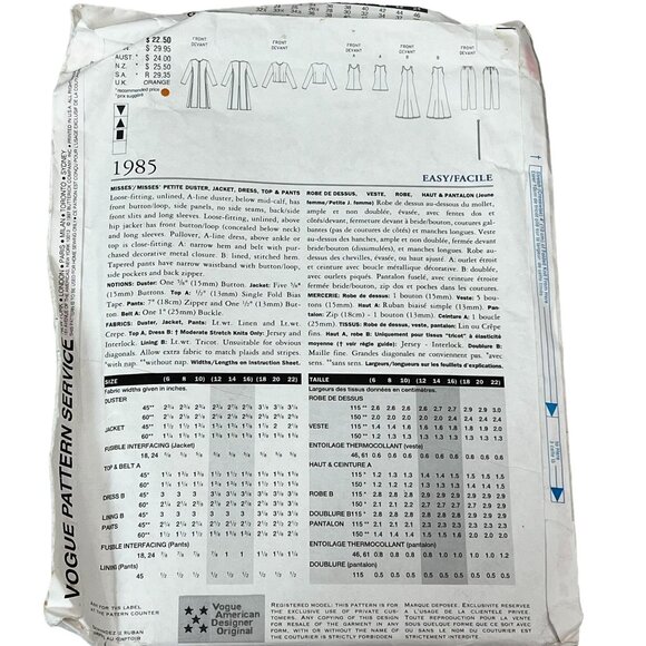 Vogue Attitudes Pattern 1985 Misses' Petite Duster Jacket Dress Top & Pants Sz 1 - Picture 2 of 3